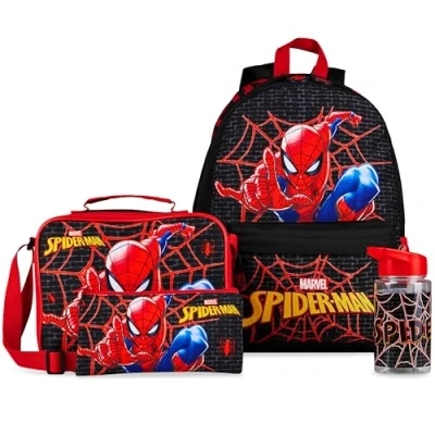 Imagen de Marvel Spiderman Mochila Escolar Set de 4 Piezas con Botella Agua Estuche Niño Bolsa Almuerzo Superheroes Material