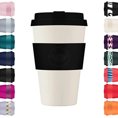 Imagen de Ecoffee Cup Taza de café reutilizable 400 ml, respetuosa con el medio ambiente, 100% a base plantas, tapa y funda silicona, sin melamina biodegradable, apta para lavavajillas