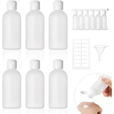 Imagen de botes viaje Rellenables 60 ml, 6 de líquido para rellenar con embudo pequeño y etiquetas, botellas plástico transparentes recipiente suave, kit avion champú gel