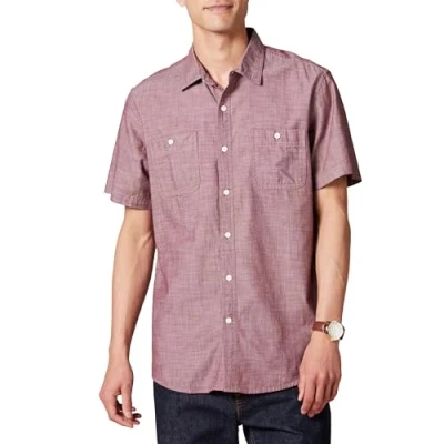 Imagen de Amazon Essentials Camisa Chambray de Manga Corta Hombre, Burdeos, XS