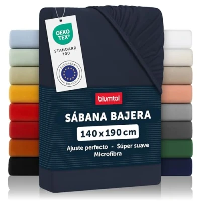 Imagen de Blumtal Basics Sábana Bajera Ajustable de Microfibra Cepillada para colchón 25 27 cm Altura, Cama 140: 140 x 190 30cm, Azul Oscuro