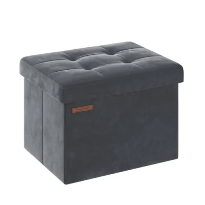 Imagen de SONGMICS Puff Almacenaje, Banco de Almacenamiento Terciopelo Plegable, Taburete Reposapiés, 31 x 41 cm, Carga 130 kg, para Entrada, Sala Estar, Dormitorio, Gris Pizarra LSF200G01