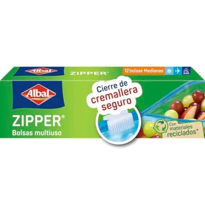 Imagen de Albal bolsas multiuso Zipper porta alimentos herméticas, para comida con cremallera congelar, transportar y conservar alimentos, líquidos del avión, 12 medianas