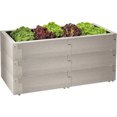 Imagen de JUWEL Timber 20471 Juego de 3 bancales (18 bloques construcción, macetero hierbas, capacidad 360 L, aspecto madera, sistema arriates con alto aislamiento térmico, medidas 130 x 60 cm,