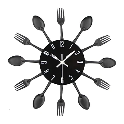 Imagen de Reloj de Cocina Efecto Espejo con diseño Cuchara, Tenedor, cubertería, Adhesivo Extraible en 3D para decoración del hogar