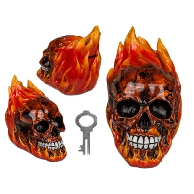 Imagen de Hucha con Cerradura, diseño de Calavera Fuego, Aprox. 16 x cm, polirresina