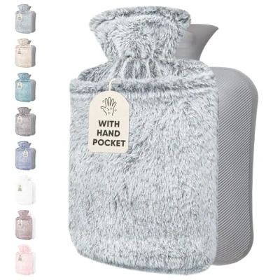Imagen de Qomfor Bolsa de Agua Caliente 1,8L Botella con Funda Felpa Premium Suave para el alivio del dolor y noches acogedoras (Gris Claro)
