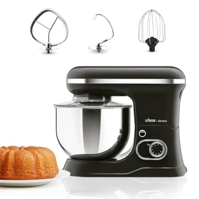 Imagen de Ufesa Genius Batidora Amasadora 5 en 1 para Repostería Profesional, 1200W, 5L, Robot Cocina Multifunción, Bol Acero Inoxidable, 6 Velocidades + Turbo, 3 accesorios incluidos, Sin BPA