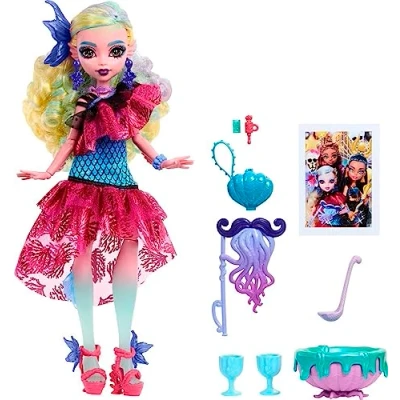 Imagen de Monster High Muñeca Ball, Azul Lagoona en Vestido de Fiesta con Accesorios temáticos, Incluyendo Globos y ponche