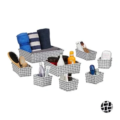 Imagen de Relaxdays Set de ocho cajas almacenaje, Aspecto trenzado, Cestas, Apilables, Plásticos, Blanco y gris