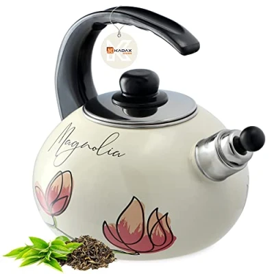 Imagen de KADAX hervidor de agua, acero inoxidable, 2,2 L, agua para inducción y cocina gas, tetera esmaltada, caldera retro con silbato (flores rojas)