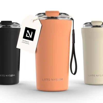 Imagen de LARS NYSØM Taza térmica Café para llevar con correa y Tapa Tritan Termo de 0,5 litros aislante Travel mug acero inoxidable a prueba fugas (Pumpkin Orange, 500ml)