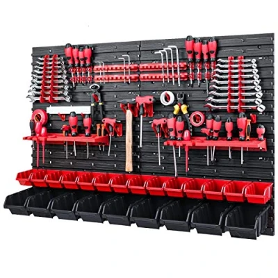 Imagen de PAFEN Caja apilable para pared de herramientas, 1152 x 780 mm, sistema almacenamiento, soportes herramientas y 23 cajas rojas negras, estantería pared, taller,