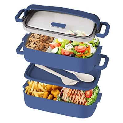 Imagen de Beeptrum Bento Box Almuerzo para Adultos,Apilable con 2 Compartimentos,Incluye Juego de Utensilios,Contenedor a Prueba Fugas,Seguro Microondas y Lavavajillas,Libre BPA 1600ML Azul oscuro