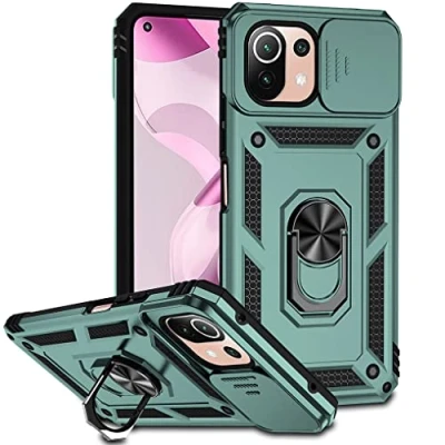 Imagen de SEEKO Funda para Xiaomi 11 Lite 5G NE/Xiaomi Mi (4G/5G), Estuche con 360 Grados Anillo Soporte y Cámara Deslizante Proteger Silicona PC + TPU Bumper Antigolpes Carcasa Verde