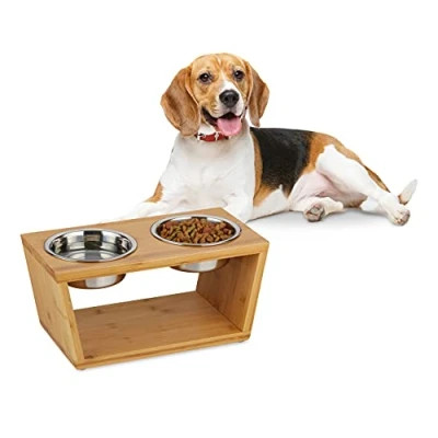 Imagen de Relaxdays Comedero y Bebedero Perro con Soporte, 2 Cuencos, Tamaño Mediano, Bambú Acero Inoxidable, 1 Ud, 18,5x40x21 cm, Marrón