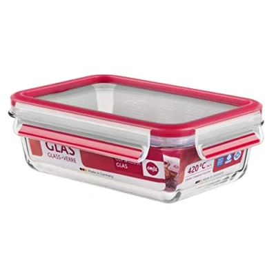 Imagen de Emsa Clip &amp; Close Conservador Hermético de Cristal borosilicato Rectangular, higiénico, no retiene olores ni sabores 100% Libre BPA, Transparente y Rojo, 0.7 L