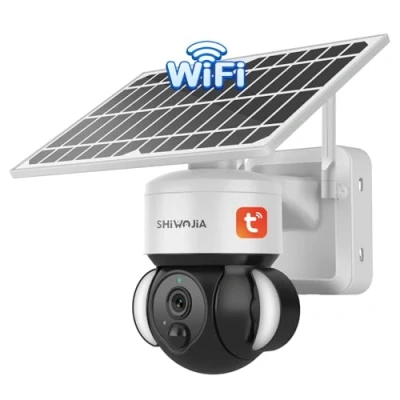Imagen de SHIWOJIA Cámara Wi Fi externa con panel solar, 2 K PTZ 360 Videocámara de vigilancia baterías recargables, PIR detección movimiento, audio vías, TUYA and Smart Life Camera