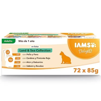 Imagen de IAMS Delights Land &amp; Sea Collection Alimento húmedo en salsa, para gatos adultos con diversos sabores a carne y pescado, 72 x 85g
