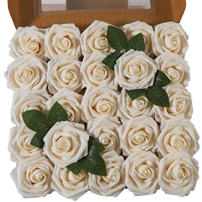 Imagen de Ruiuzioong Rosa Artificial Flor 25PCS Falsa Espuma Mirada Real con Hoja y Vástago Ajustable para Bricolaje Ramos de Boda Decoraciones el Hogar Nupciales (Champán, 25pcs)