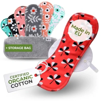 Imagen de Compresas Reutilizables Ecológicas de Algodón Orgánico; 7 Pack (tamaños S,M,L,XL) Tela Lavables HECHAS EN LA UE; Mujer Organico para menstruación, postparto, incontinencia