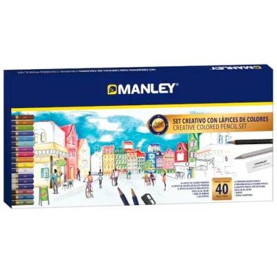 Imagen de Manley set artístico de lápices colores 40 piezas Artist quality Incluye 24 premium, 8 metálicos, 6 grafito, 1 goma borrar y sacapuntas.