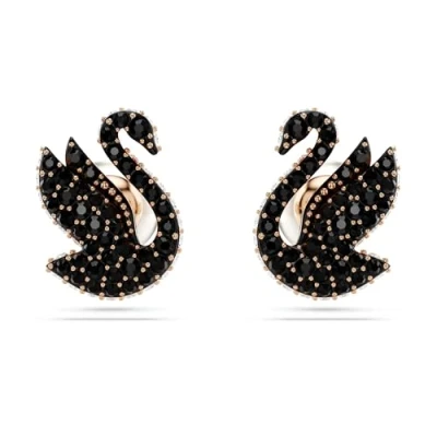Imagen de Swarovski Pendientes de botón Swan, Cisne, Negros, Baño tono oro rosa