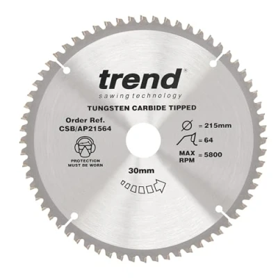 Imagen de Trend CraftPro Hoja de sierra circular TCT para encimera aluminio y plástico, 215 mm diámetro x 64 dientes 30 interior, punta carburo tungsteno, CSB/AP21564