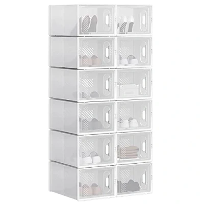 Imagen de WOLTU 12X Cajas de Zapatos Transparentes para Plástico Apilables y Plegables Organizador Almacenamiento Guardarropa, Contenedor con Tapa Frontal, 35x25x19 cm SRX12tp