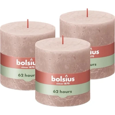 Imagen de Bolsius Rustik Vela XXL Soft Pink 3 unidades 10 x cm Velas decorativas para el hogar Duración de combustión 62 horas Sin perfumar Cera vegetal natural aceite palma