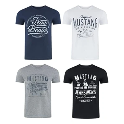 Imagen de Mustang Camiseta de Manga Corta para Hombre, Paquete 4 Unidades, con Estampado Frontal, Cuello Redondo, Corte Normal, 100% algodón, XXL
