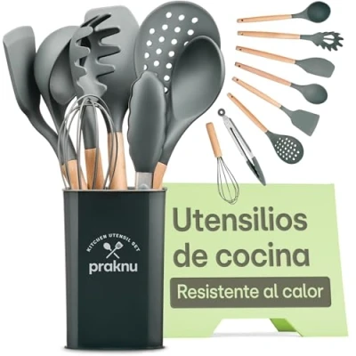 Imagen de Utensilios de Cocina Silicona Madera, 8 Piezas Accesorios Resistente al Calor Certificado por la FDA para Alimentos Gris