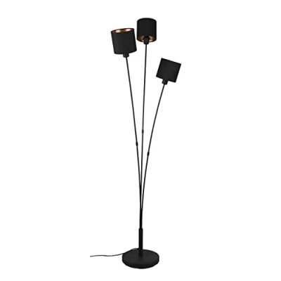 Imagen de Reality Leuchten Tommy R46333979 Lámpara de pie (metal negro mate, pantalla tela negra, dorada, no incluye 3 bombillas E14)