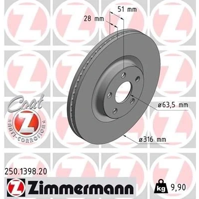 Imagen de ZIMMERMANN 250.1398.20 Disco de freno 316 28 5/5 5 108 ventilación interna revestido FORD: S Max Mk2