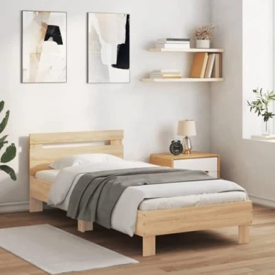 Imagen de vidaXL Estructura de Cama con Cabecero Luces LED, Somier Invitados, Armazón Marco Cama, Mueble para Dormitorio, Roble Sonoma 90x190 cm