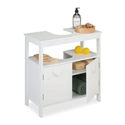 Imagen de Relaxdays Mueble de Baño Bajo Lavabo 2 Espacios, Armario Pila Hueco para Sifón, Tiradores Cuerda, 60x60x30 cm, Blanco, Fibra Vegetal, 60 x 30 cm