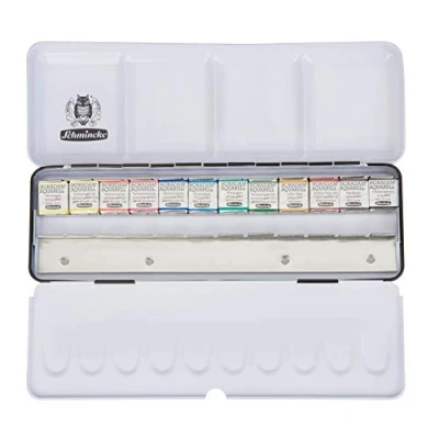 Imagen de Schmincke HORADAM® AQUARELL Caja de Pinturas con 12 Finas Acuarelas, 74412097, metálica, Juego Pinturas, x 1/2 Godets, Espacio para Godets adicionales
