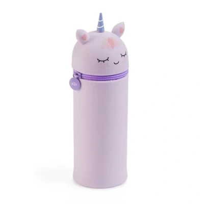 Imagen de Back2Fun Portatodo Cubilete Unicornio, Estuche Escolar un Compartimento, Extensible, de Silicona Textura Suave, Cierre Cremallera, Color Malva