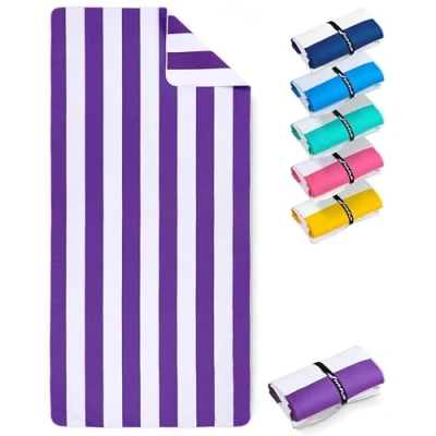 Imagen de Fit Flip Toalla Microfibra Playa Ligera, Fina y de Secado rápido Grande 100% reciclada a Rayas Violeta Blanco 160 cm x 90