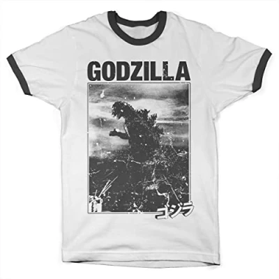 Imagen de Godzilla Licenciado Oficialmente Vintage Ringer tee Hombres Camiseta (Blanco Negro), Medium