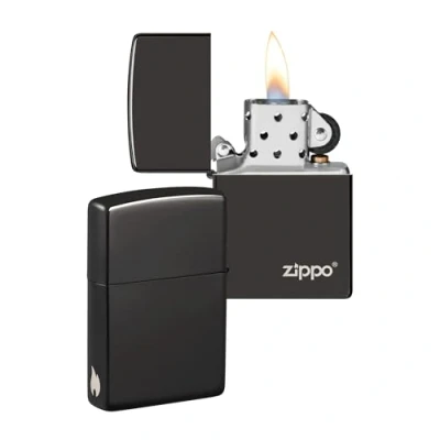 Imagen de Zippo Logotipo de y diseño Llama High Polish Black Laser Engrave Mechero, rellenable, en una Caja Regalo halta Calidad