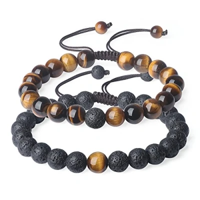 Imagen de COAI Pulseras de la Distancia para Parejas con Cuentas Piedra Lava y Ojo Tigre Piedras Naturales