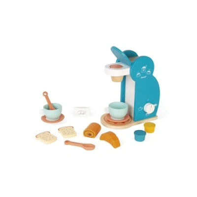 Imagen de Janod Set de desayuno Cafetera madera + 14 accesorios 3 jarras, cucharas, tazas, platillos y Pan Juguetes cocina para niños a 8 años, J06599