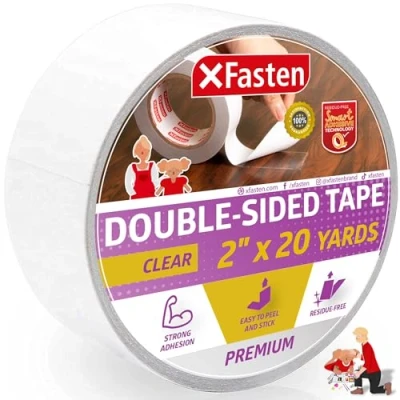 Imagen de XFasten Cinta Adhesiva Doble Cara Transparente, Removible, 2 Pulgadas x 20 Yardas (50.8mm 18.28m), Un Solo Rollo Ideal Entrenamiento Anti Arañazos para Gatos, Fijación Alfombras y Carpintería