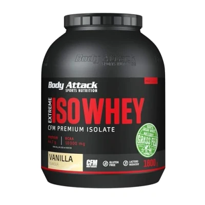 Imagen de Body Attack Extreme Iso Whey, CFM aislado de proteína suero leche sauce irlandés 100%, sin gluten, rico en AEA, bajo grasas, 90,6% contenido (vainilla, 1,8 kg)
