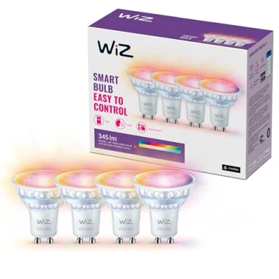 Imagen de WiZ Bombilla LED inteligente GU10 de cristal 50W, con 16 millones colores, Wi Fi/Bluetooth, control por voz/aplicación, funciona Google Home, Alexa y HomeKit, pack 4 bombillas