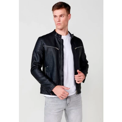 Imagen de Cazadora efecto piel, cuello tira para hombre en color negro