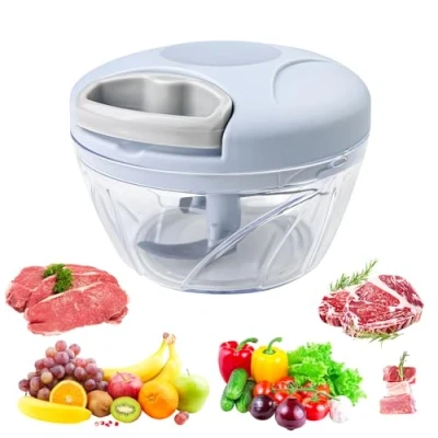 Imagen de Fousenuk Picadora Manual con Cuerda, 500 ml Picador de Verduras Manual, Mini Cebolla 3 Cuchillas Acero Inoxidable, Triturador Alimentos, Trituradora Alimentos (Azul)