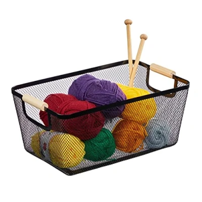 Imagen de Relaxdays Alambre Cesta de Almacenaje Asas Madera, Rectangular, Caja Organizadora Metal, 16,5x37x22,5cm, Cocina, Baño, Negro, 16.5 x 37 22.5 cm