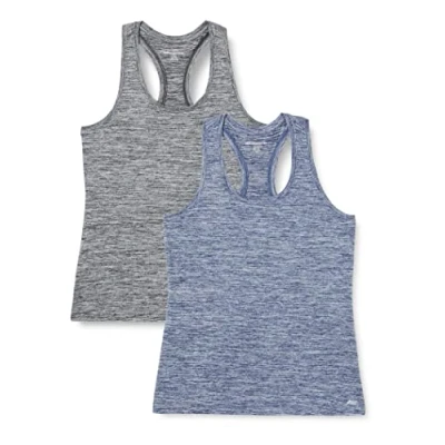 Imagen de Amazon Essentials Camiseta Técnica con Espalda Deportiva en Tejido Elástico (Disponible Tallas Grandes) Mujer, Pack de 2, Negro Mezcla/Azul Marino Mezcla, L